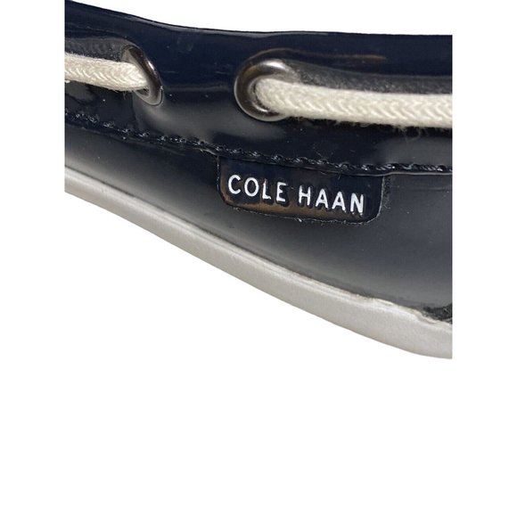 Cole Haan Womens Size 6B Navy Patent Leather Nantucket Camp Moc With White Trim - Picture 8 of 10